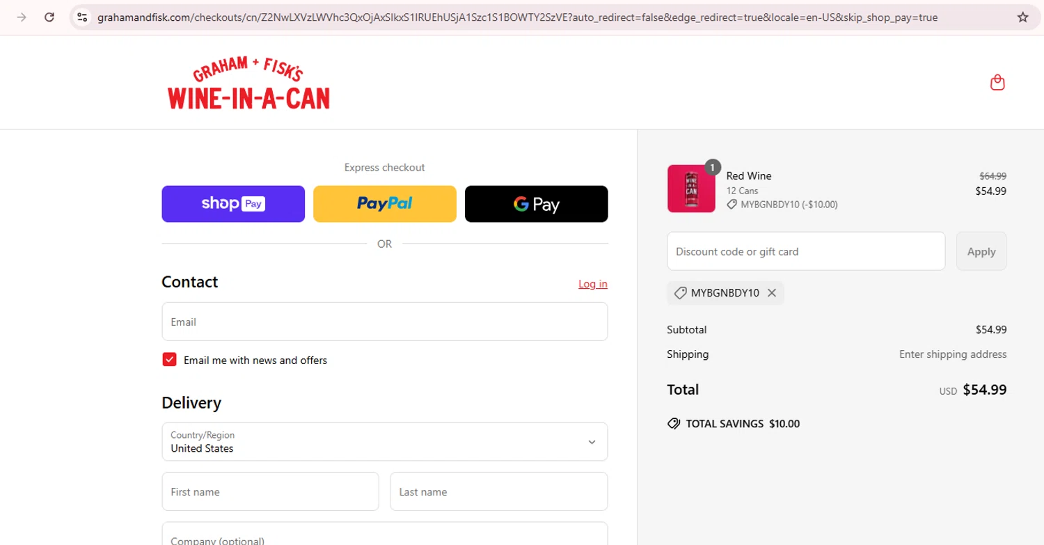 Graham + Fisk's promo code screenshot showing code MYBGNBDY10 applied at Graham + Fisk's checkout page. Uploaded by SimplyCodes community member Teamgorila on Jun 18, 2025
