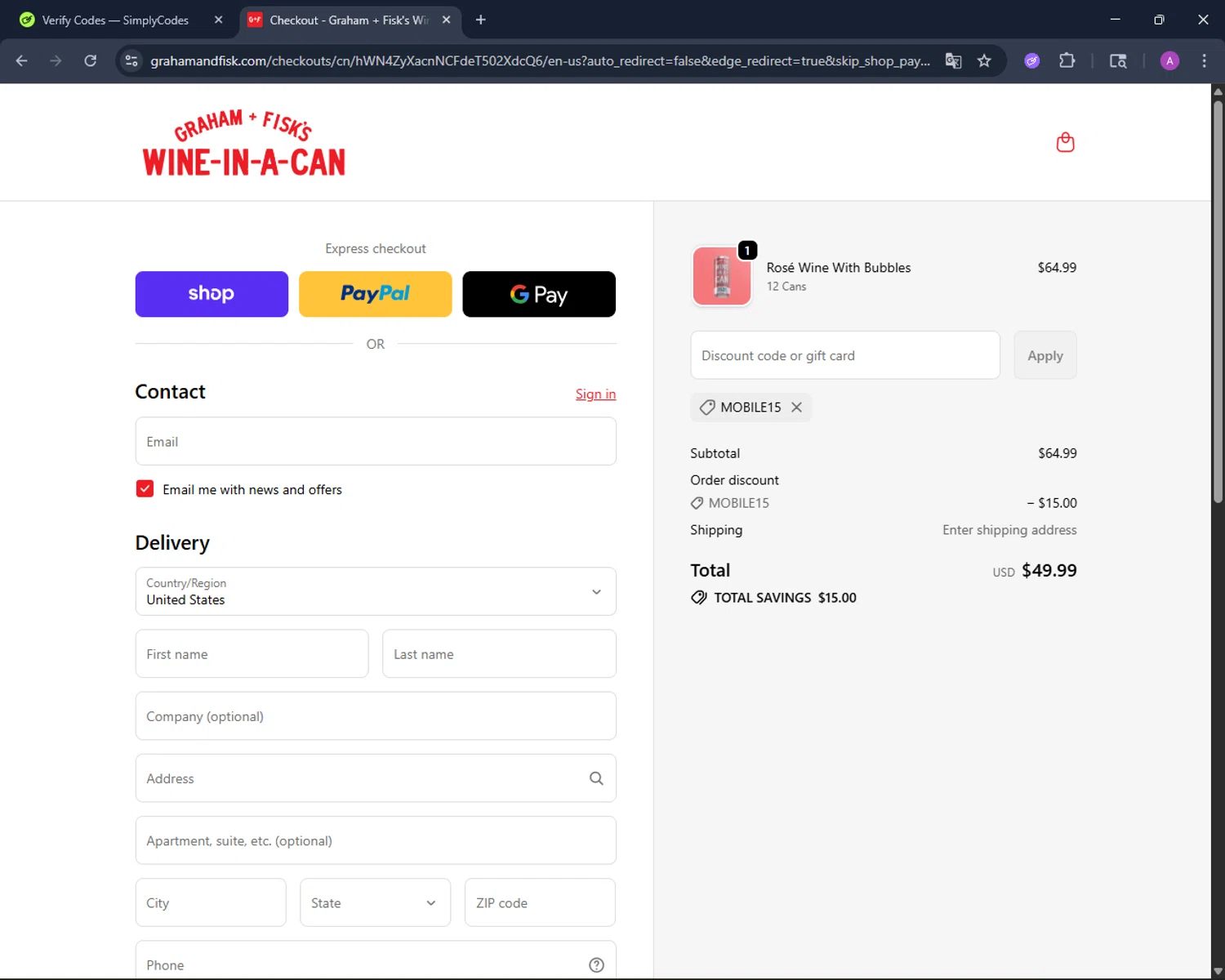 Graham + Fisk's promo code screenshot showing code MOBILE15 applied at Graham + Fisk's checkout page. Uploaded by SimplyCodes community member AV2ACG on Oct 27, 2025