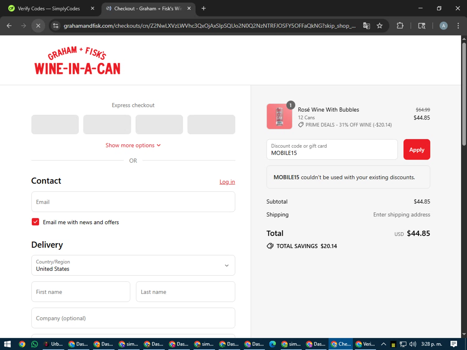 Graham + Fisk's promo code screenshot showing code MOBILE15 applied at Graham + Fisk's checkout page. Uploaded by SimplyCodes community member trippieredd on Jul 9, 2025
