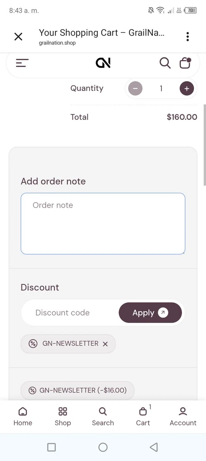 Grail Nation promo code screenshot showing code GN-NEWSLETTER applied at Grail Nation checkout page. Uploaded by SimplyCodes community member BonusVoyager4214 on Jun 15, 2026
