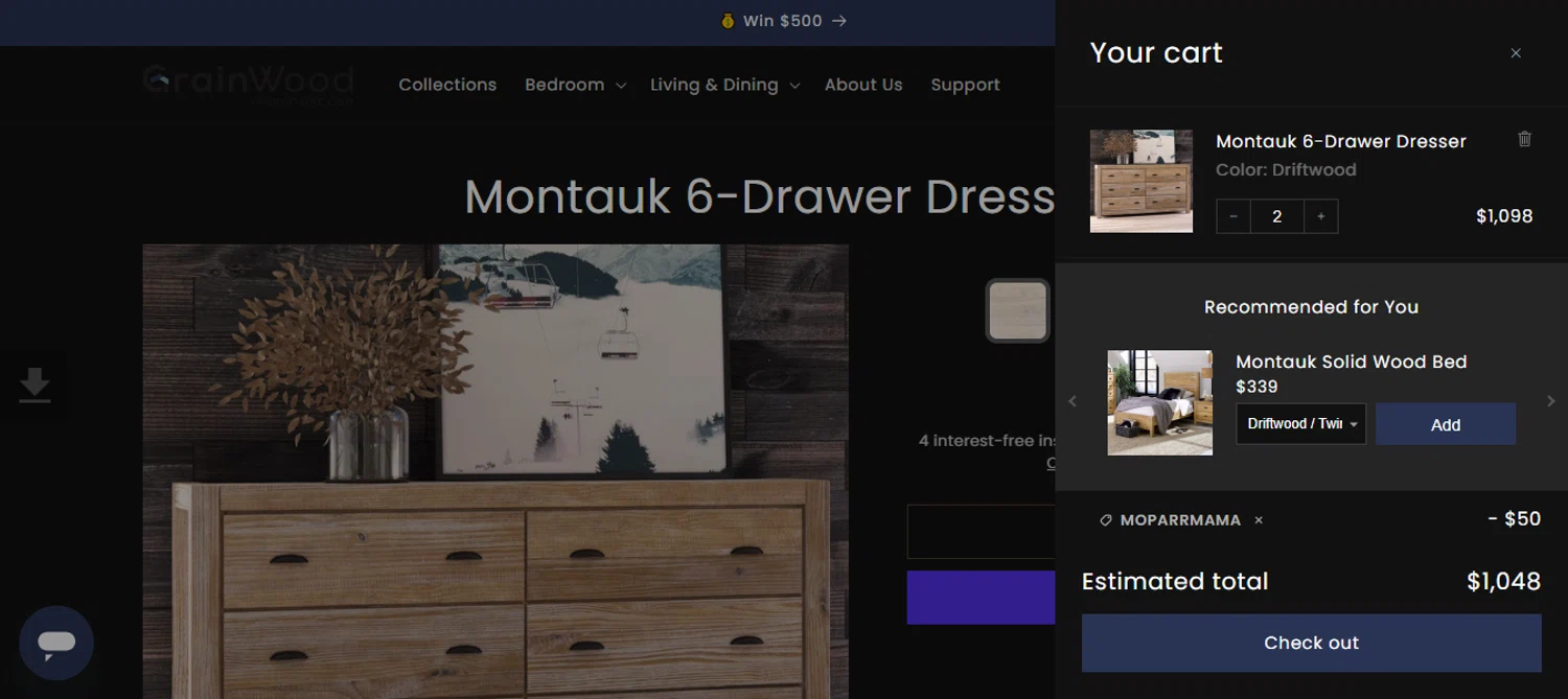 Grain Wood Furniture discount code screenshot showing code moparrmama applied at Grain Wood Furniture checkout page. Uploaded by SimplyCodes community member 111111 on Jan 23, 2025