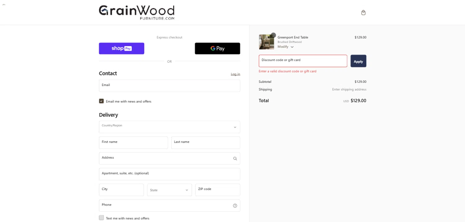Grain Wood Furniture discount code screenshot showing code SASHASMITHGWFSAVE10 applied at Grain Wood Furniture checkout page. Uploaded by SimplyCodes community member CrownWhiz8114 on Dec 26, 2024
