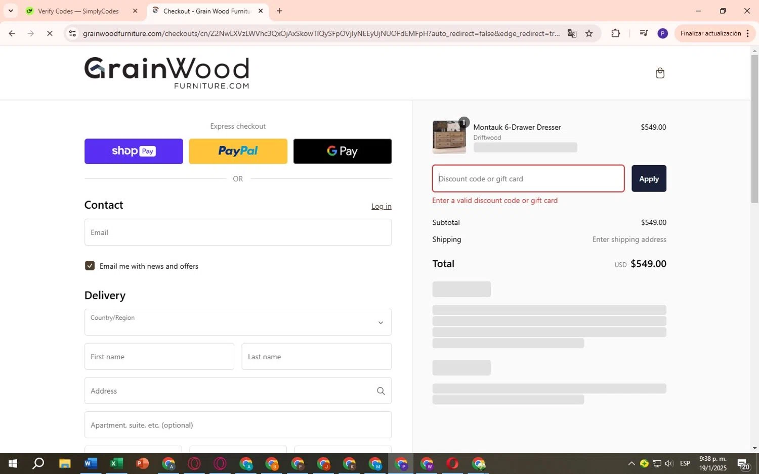 Grain Wood Furniture discount code screenshot showing code SASHASMITHGWFSAVE10 applied at Grain Wood Furniture checkout page. Uploaded by SimplyCodes community member RebatePilot3431 on Jan 20, 2025
