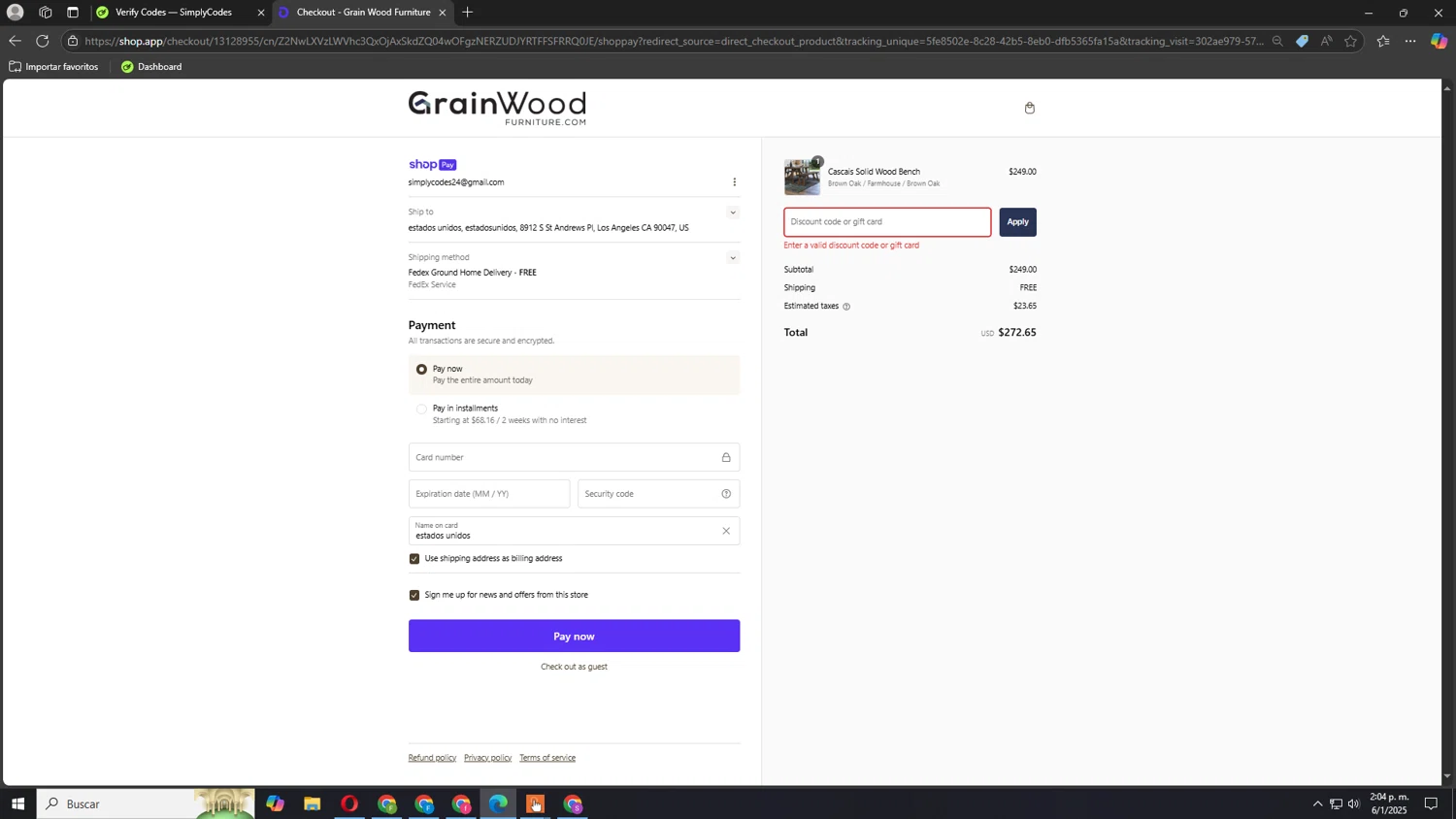 Grain Wood Furniture discount code screenshot showing code christagwf10 applied at Grain Wood Furniture checkout page. Uploaded by SimplyCodes community member Akatsuki on Jan 6, 2025