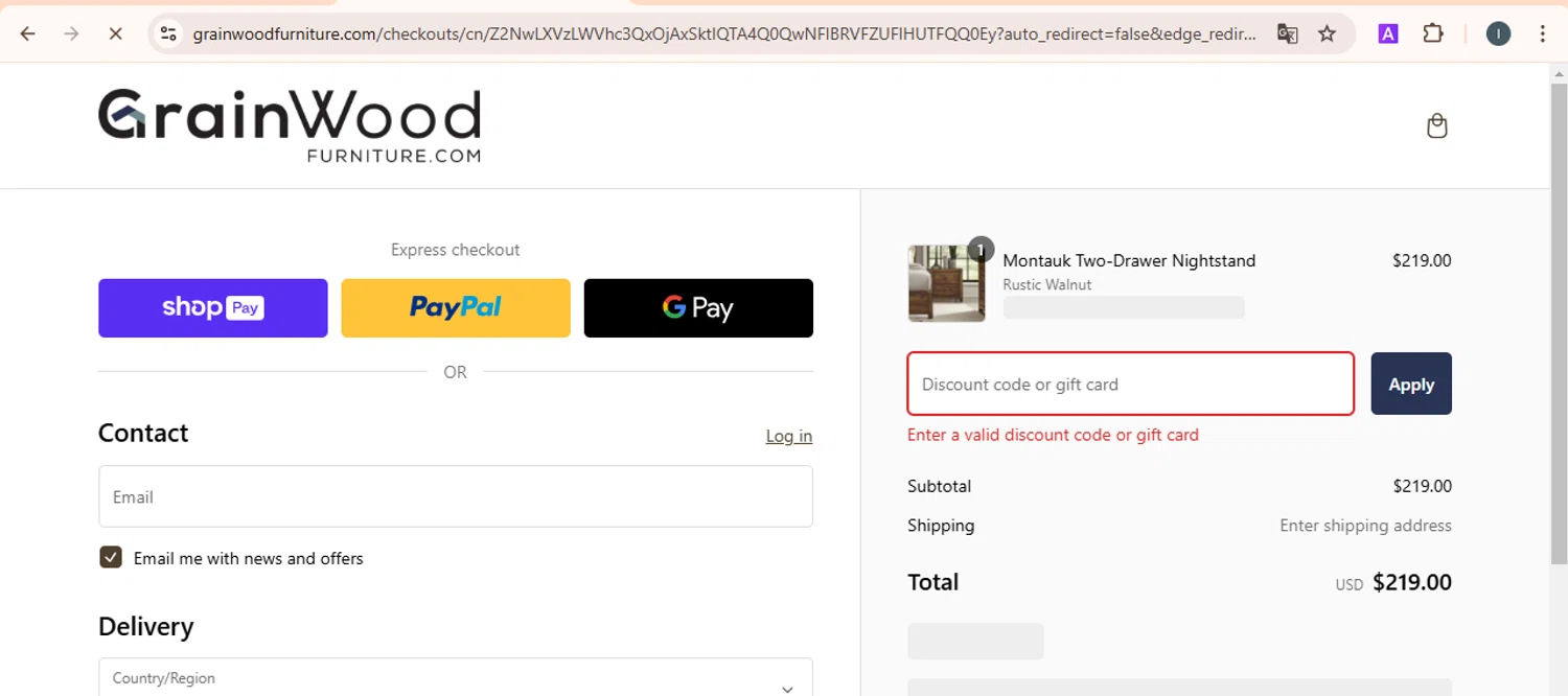 Grain Wood Furniture discount code screenshot showing code christagwf10 applied at Grain Wood Furniture checkout page. Uploaded by SimplyCodes community member ExtraordinaryScout5722 on Feb 7, 2025
