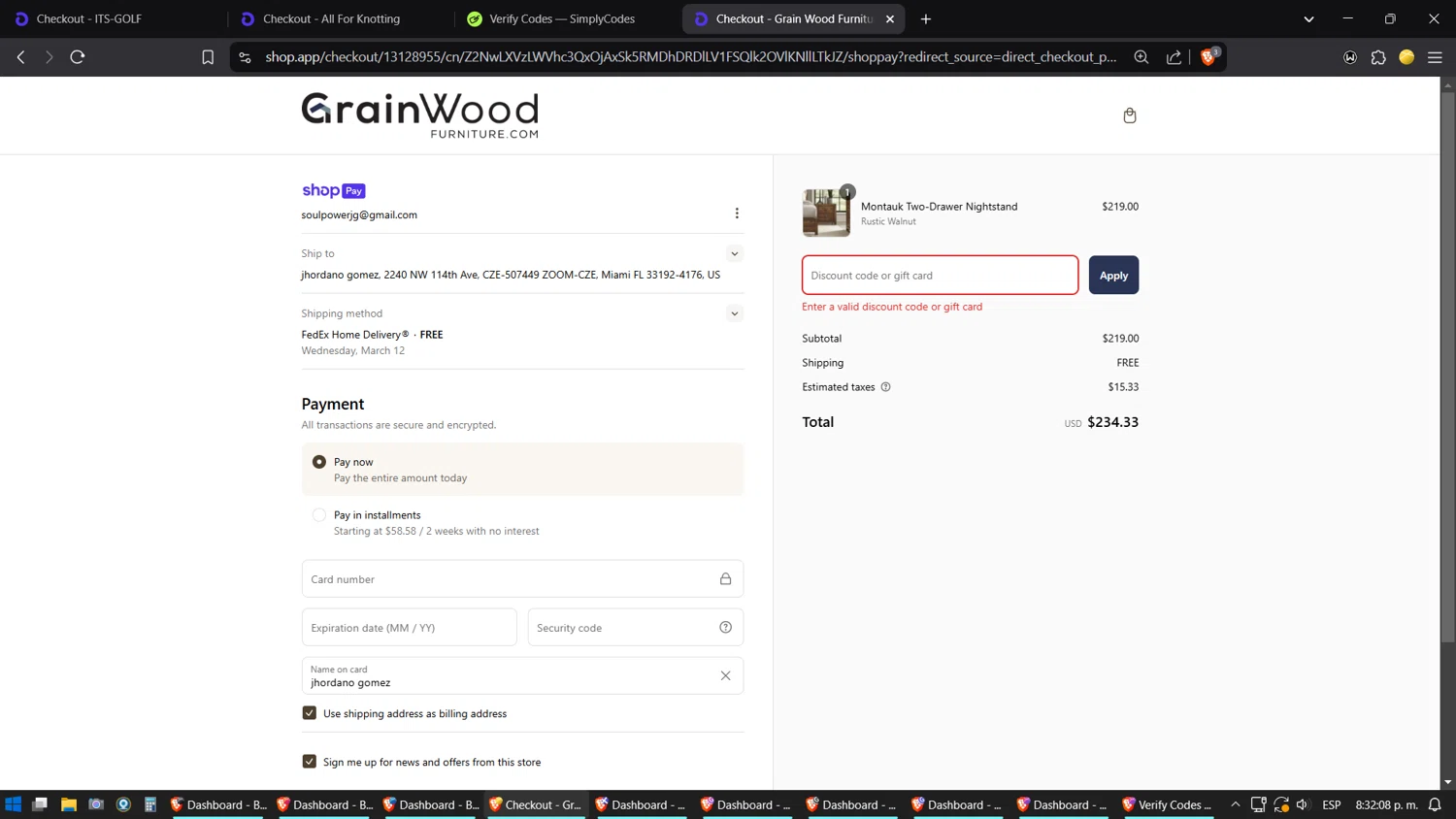 Grain Wood Furniture discount code screenshot showing code christagwf10 applied at Grain Wood Furniture checkout page. Uploaded by SimplyCodes community member ZoilaPerrita on Mar 7, 2025