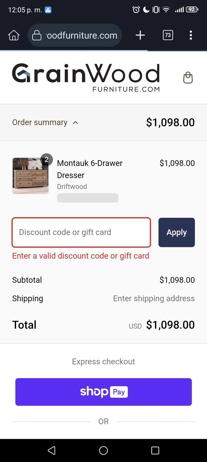 Grain Wood Furniture discount code screenshot showing code moparrmama applied at Grain Wood Furniture checkout page. Uploaded by SimplyCodes community member Gojosatoru20 on Feb 25, 2025