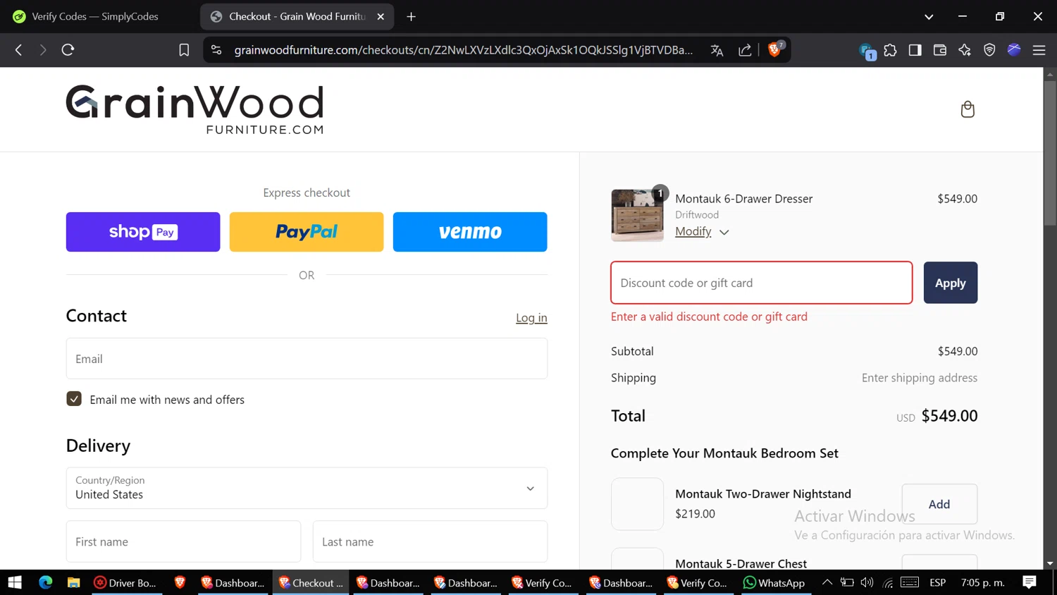 Grain Wood Furniture discount code screenshot showing code SNS2GWF applied at Grain Wood Furniture checkout page. Uploaded by SimplyCodes community member CoinVirtuoso9916 on Feb 21, 2025