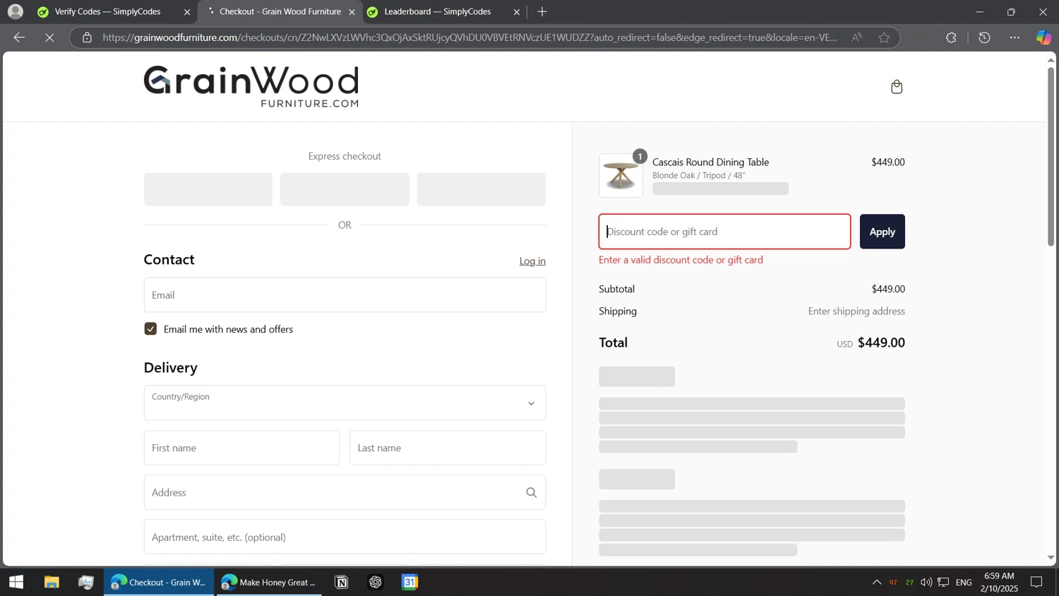Grain Wood Furniture discount code screenshot showing code CHRISTAG2025 applied at Grain Wood Furniture checkout page. Uploaded by SimplyCodes community member BorgeZzz on Feb 10, 2025