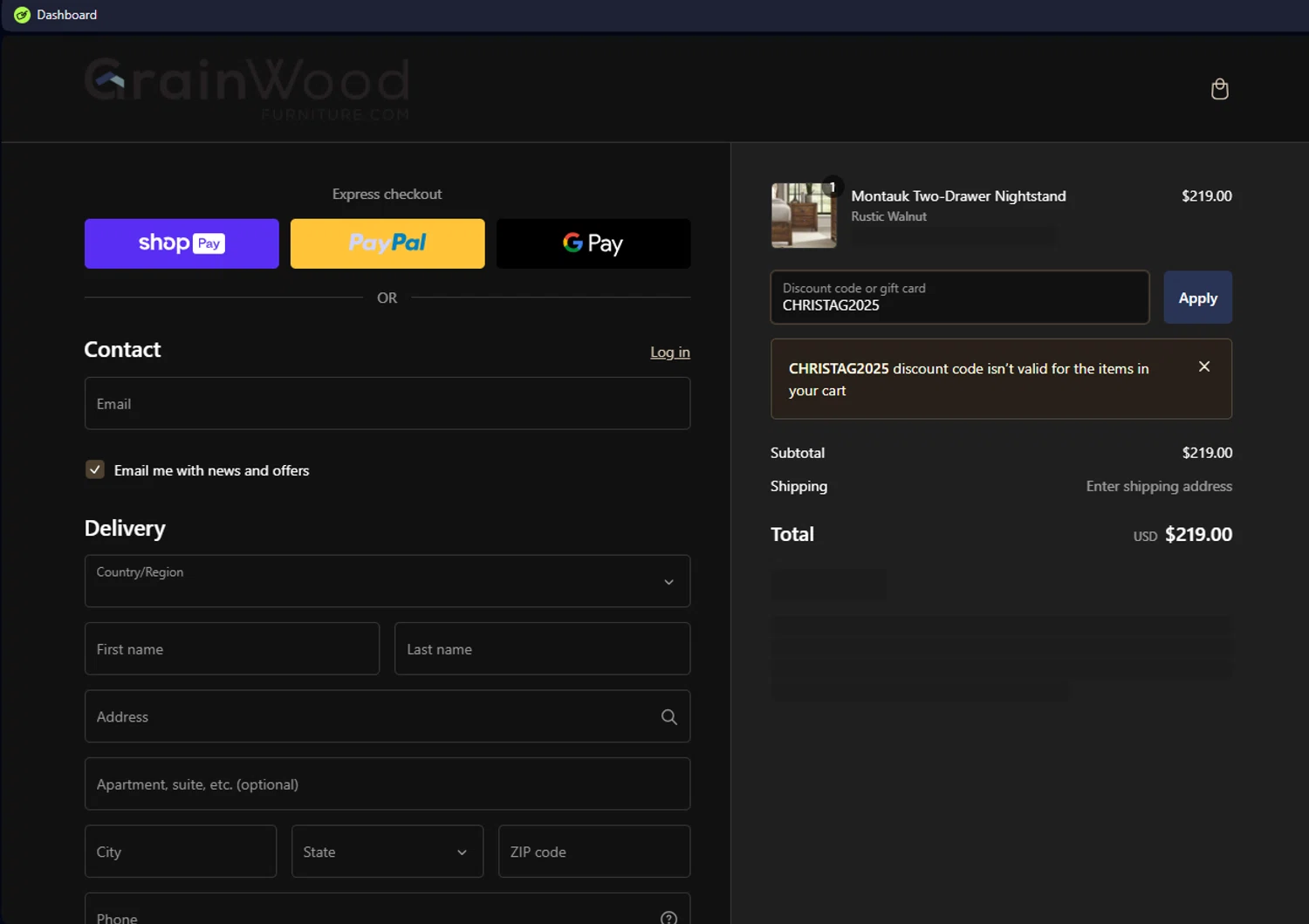 Grain Wood Furniture checkout page showing Grain Wood Furniture discount code box | Screenshot taken by SimplyCodes community member on Feb 5, 2025