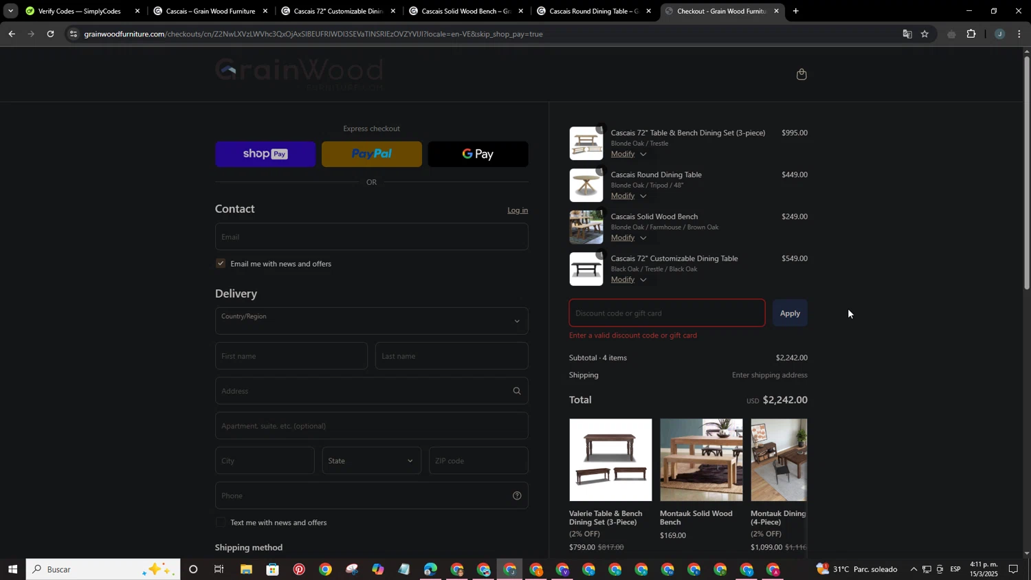 Grain Wood Furniture discount code screenshot showing code CHRISTAG2025 applied at Grain Wood Furniture checkout page. Uploaded by SimplyCodes community member BrilliantFox6031 on Mar 15, 2025
