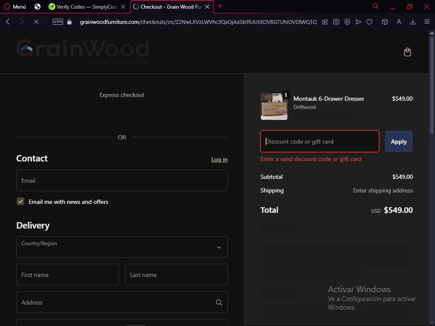 Grain Wood Furniture discount code screenshot showing code CHRISTAG2025 applied at Grain Wood Furniture checkout page. Uploaded by SimplyCodes community member RoyalMaestro2129 on Feb 10, 2025