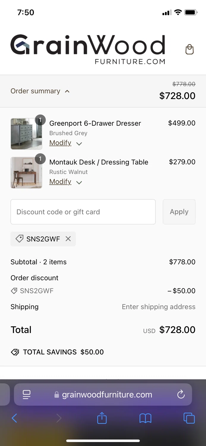 Grain Wood Furniture discount code screenshot showing code SNS2GWF applied at Grain Wood Furniture checkout page. Uploaded by SimplyCodes community member edrodriguez on Feb 5, 2025