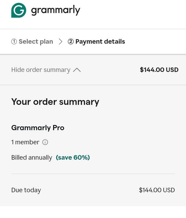 Grammarly checkout page showing Grammarly promo code box | Screenshot taken by SimplyCodes community member on Oct 18, 2024