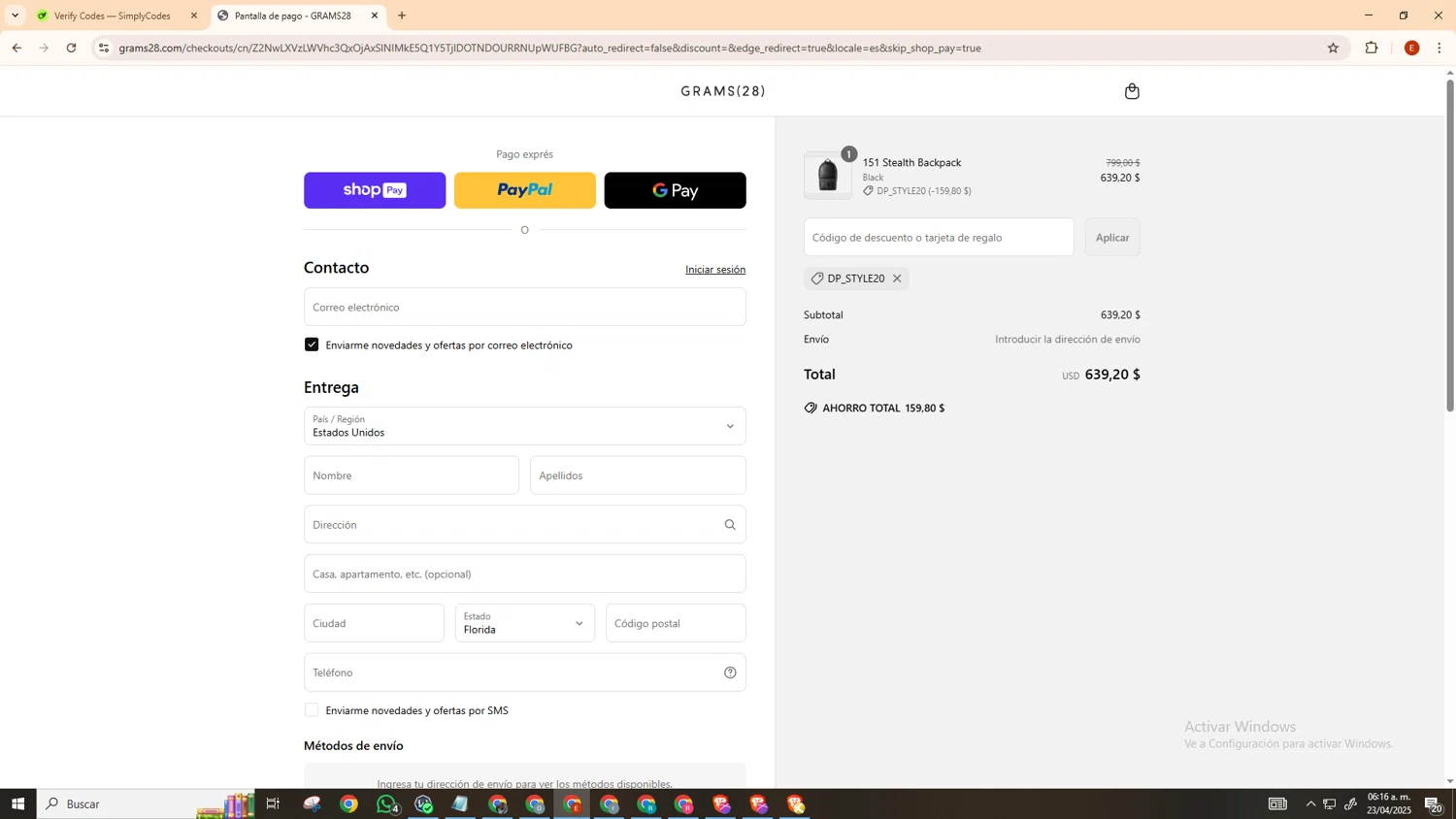 GRAMS28 discount code screenshot showing code DP_STYLE20 applied at GRAMS28 checkout page. Uploaded by SimplyCodes community member MoneyScout5902 on Apr 23, 2025