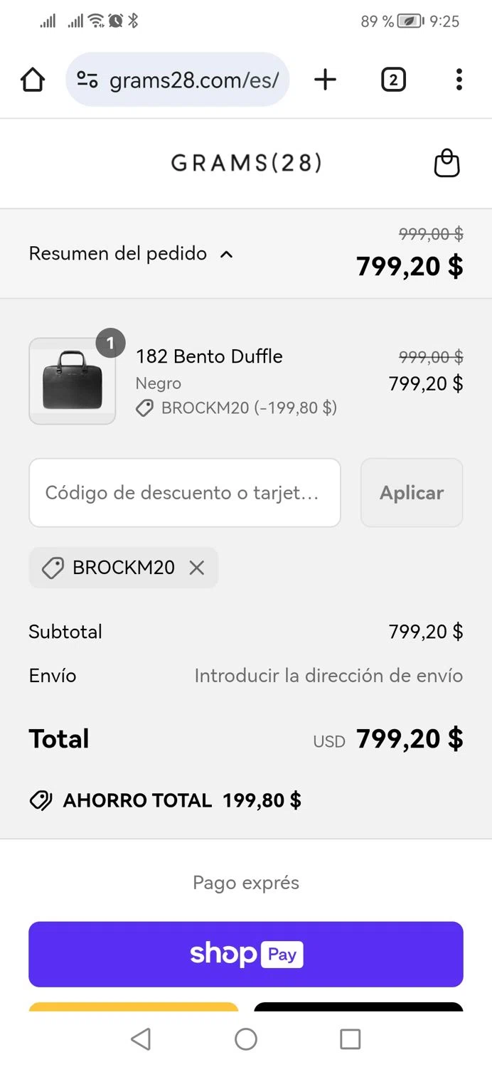 GRAMS28 discount code screenshot showing code BROCKM20 applied at GRAMS28 checkout page. Uploaded by SimplyCodes community member CoinPhoenix3025 on Jun 14, 2025