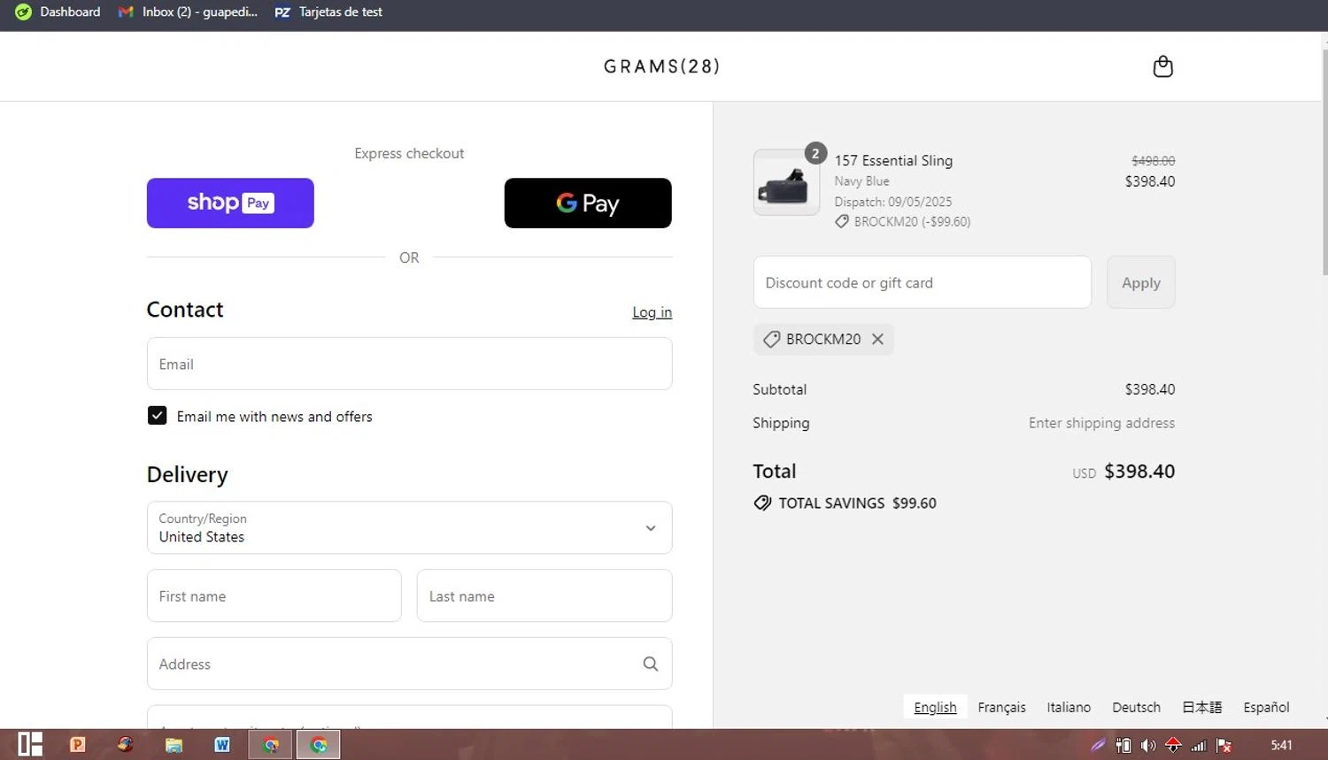 GRAMS28 discount code screenshot showing code BROCKM20 applied at GRAMS28 checkout page. Uploaded by SimplyCodes community member PaticoBel on Aug 24, 2025