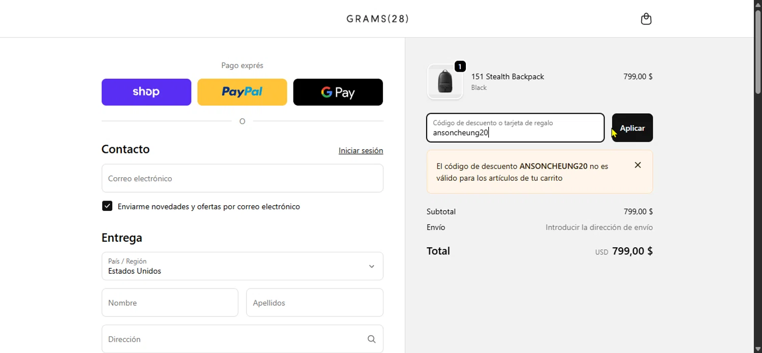 GRAMS28 checkout page showing GRAMS28 discount code box | Screenshot taken by SimplyCodes community member on Feb 11, 2026