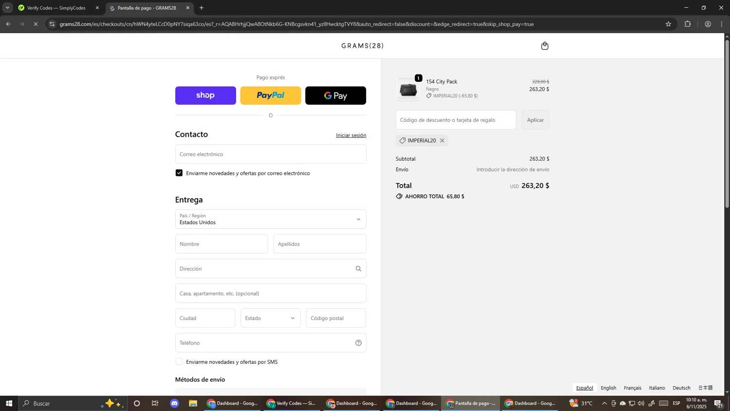 GRAMS28 discount code screenshot showing code IMPERIAL20 applied at GRAMS28 checkout page. Uploaded by SimplyCodes community member Pirlo420 on Nov 6, 2025