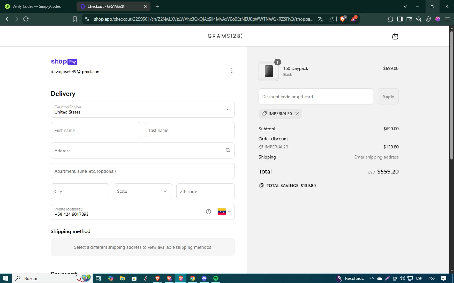 GRAMS28 discount code screenshot showing code IMPERIAL20 applied at GRAMS28 checkout page. Uploaded by SimplyCodes community member SmartSaver5448 on Apr 7, 2025
