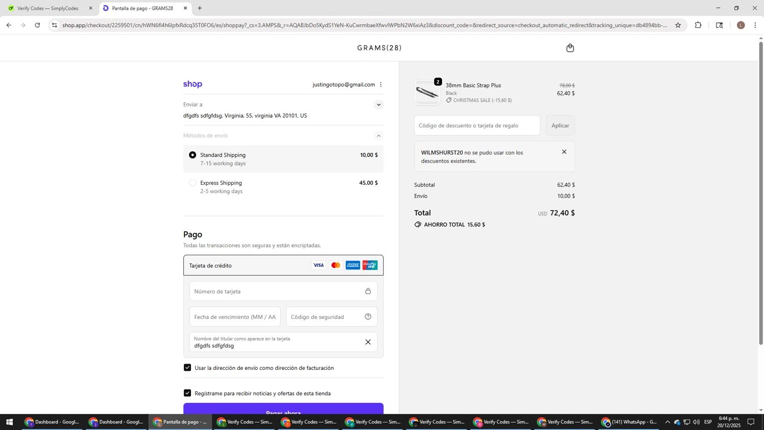 GRAMS28 discount code screenshot showing code WILMSHURST20 applied at GRAMS28 checkout page. Uploaded by SimplyCodes community member BENELLI on Dec 20, 2025