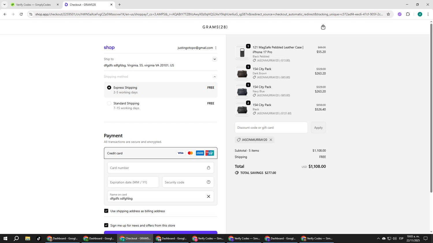 GRAMS28 discount code screenshot showing code JASONMURRAY20 applied at GRAMS28 checkout page. Uploaded by SimplyCodes community member HEROESCUDA on Nov 22, 2025
