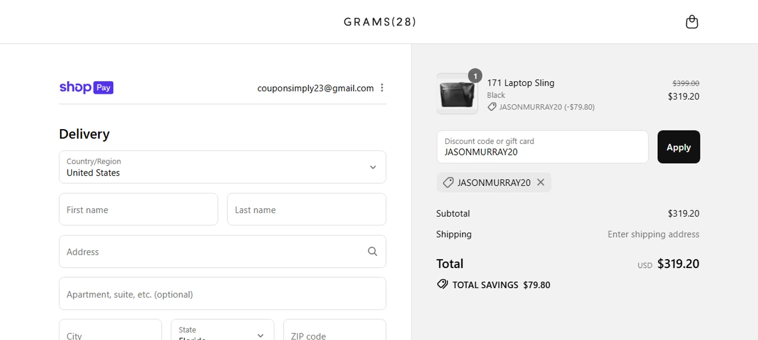 GRAMS28 discount code screenshot showing code JASONMURRAY20 applied at GRAMS28 checkout page. Uploaded by SimplyCodes community member TomaTuYukota on Jul 29, 2025