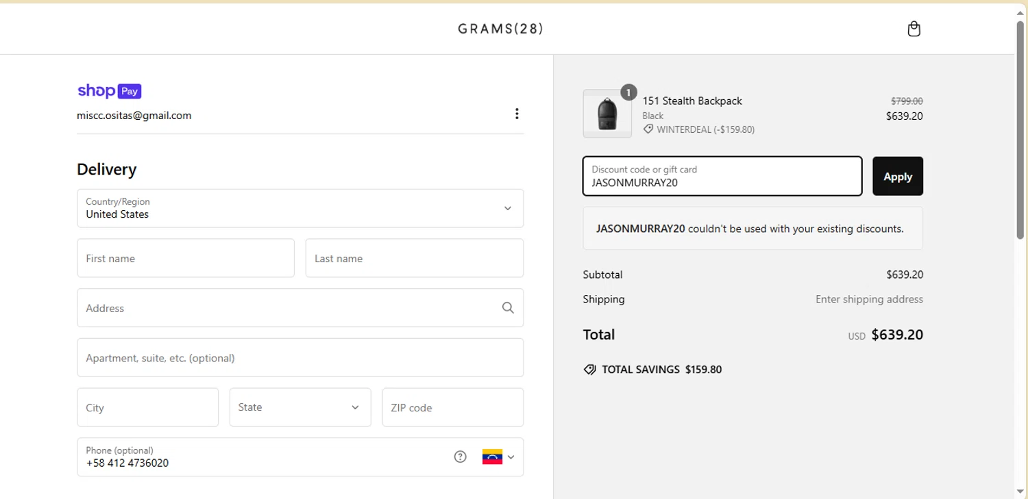 GRAMS28 discount code screenshot showing code JASONMURRAY20 applied at GRAMS28 checkout page. Uploaded by SimplyCodes community member SmartLion6283 on Mar 4, 2025