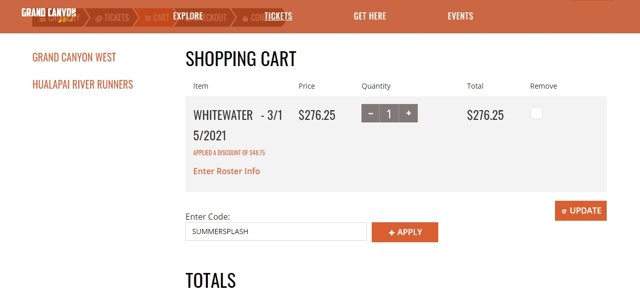 Grand Canyon West checkout page showing Grand Canyon West promo code box | Screenshot taken by SimplyCodes community member on Nov 30, 2020
