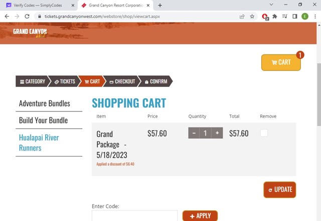 Grand Canyon West checkout page showing Grand Canyon West promo code box | Screenshot taken by SimplyCodes community member on May 16, 2023