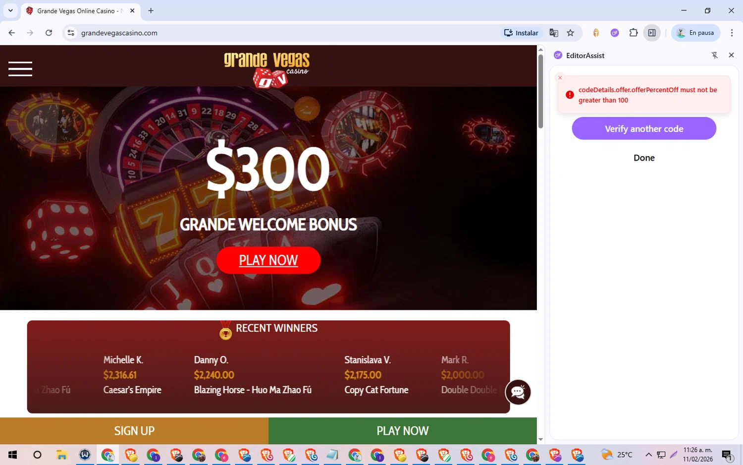 Grande Vegas Casino promo code screenshot showing code GRANDESPINS applied at Grande Vegas Casino checkout page. Uploaded by SimplyCodes community member QuestOwl6864 on Feb 11, 2026