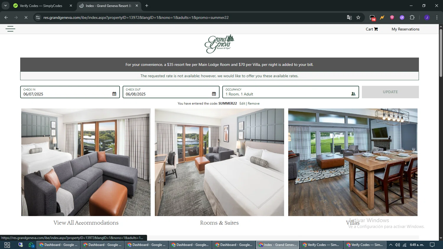 Grand Geneva Resort & Spa promo code screenshot showing code summer22 applied at Grand Geneva Resort & Spa checkout page. Uploaded by SimplyCodes community member WiseMaven9968 on Jun 7, 2025
