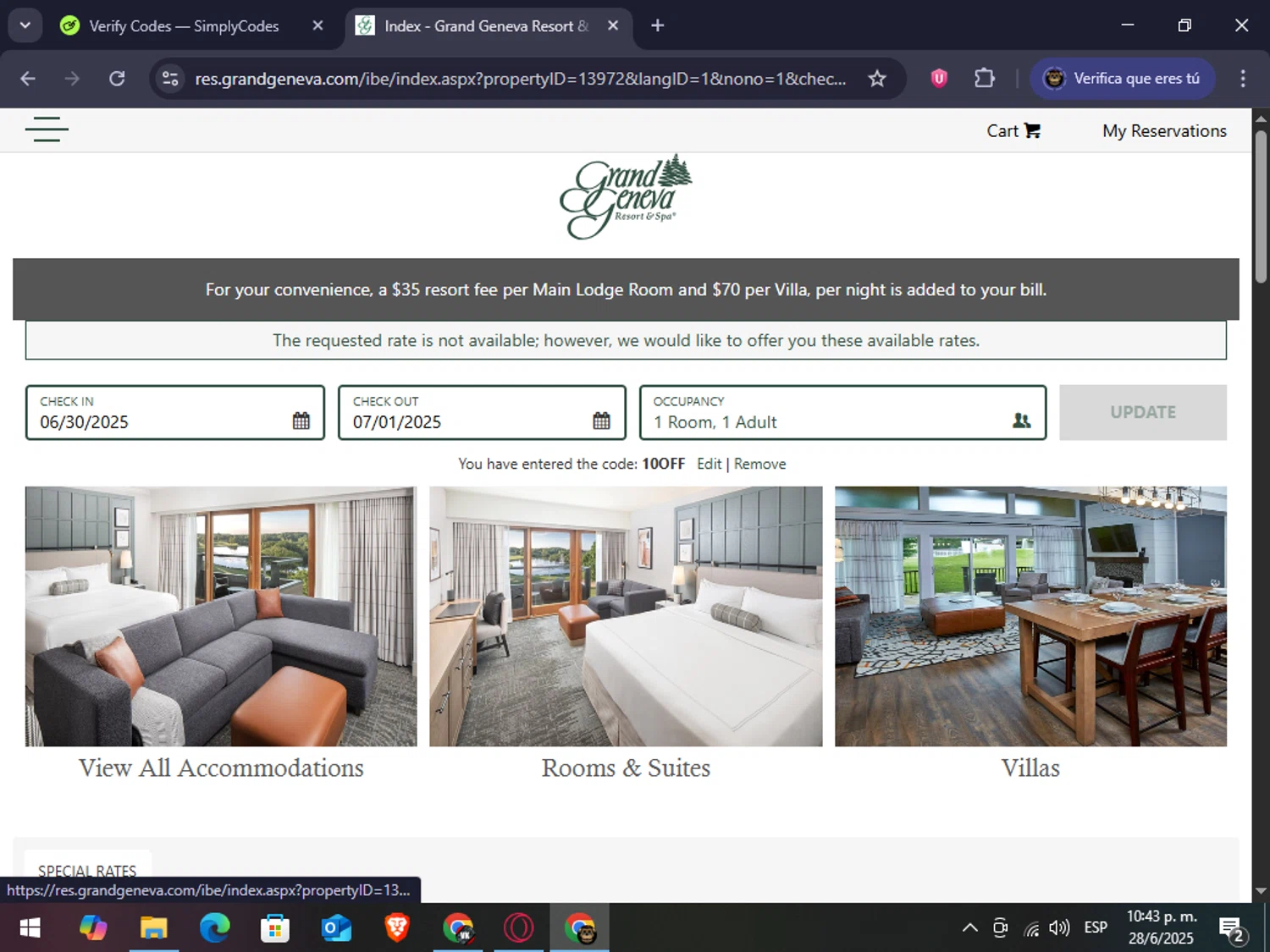 Grand Geneva Resort & Spa promo code screenshot showing code 10OFF applied at Grand Geneva Resort & Spa checkout page. Uploaded by SimplyCodes community member abrahanv on Jun 29, 2025