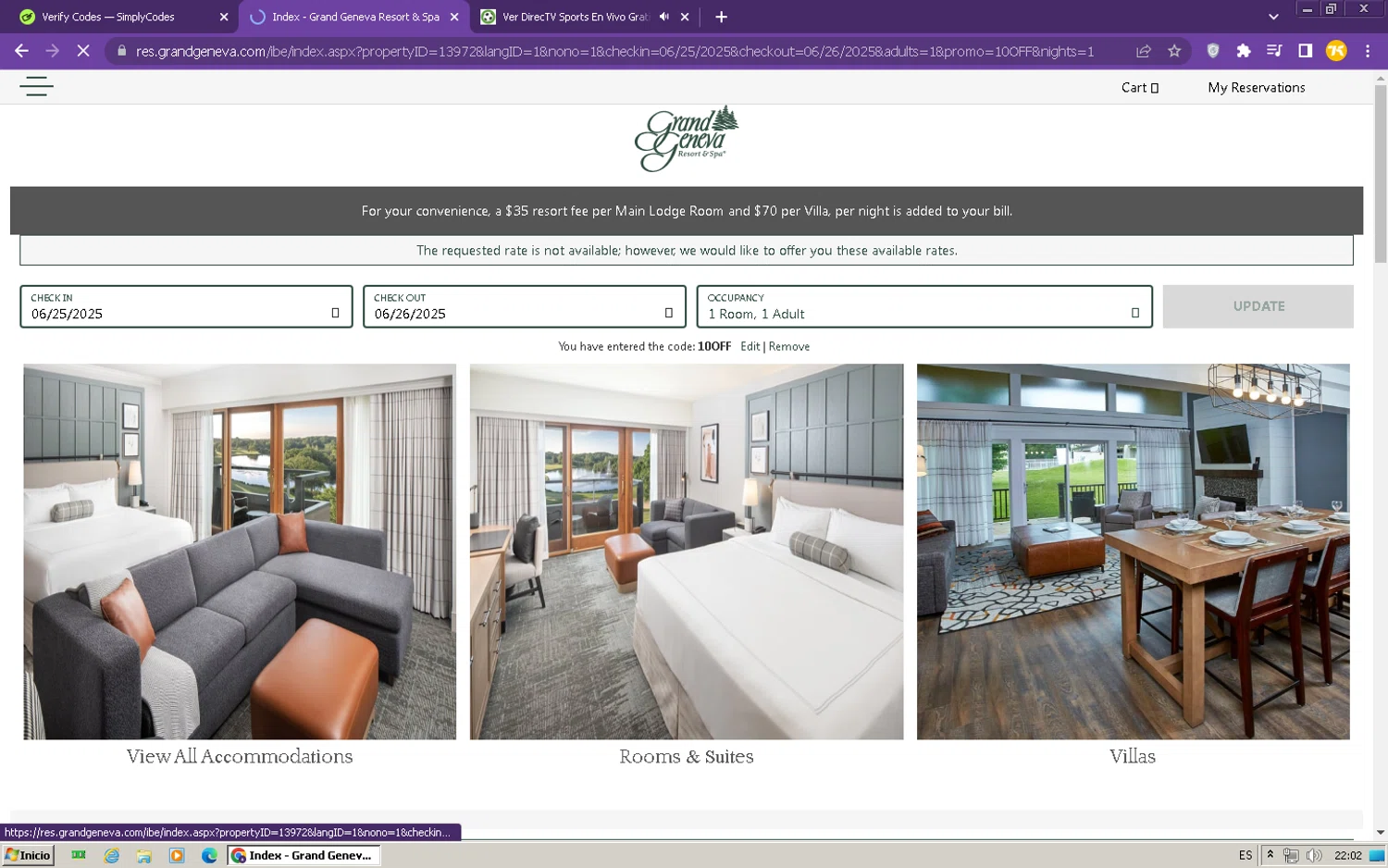 Grand Geneva Resort & Spa promo code screenshot showing code 10OFF applied at Grand Geneva Resort & Spa checkout page. Uploaded by SimplyCodes community member kervinnavarro on Jun 15, 2025