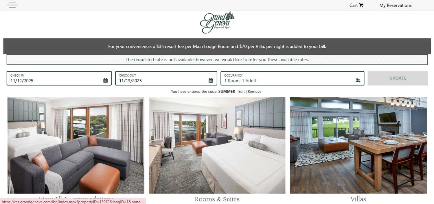 Grand Geneva Resort & Spa promo code screenshot showing code SUMMER applied at Grand Geneva Resort & Spa checkout page. Uploaded by SimplyCodes community member CashAce9852 on Nov 12, 2025