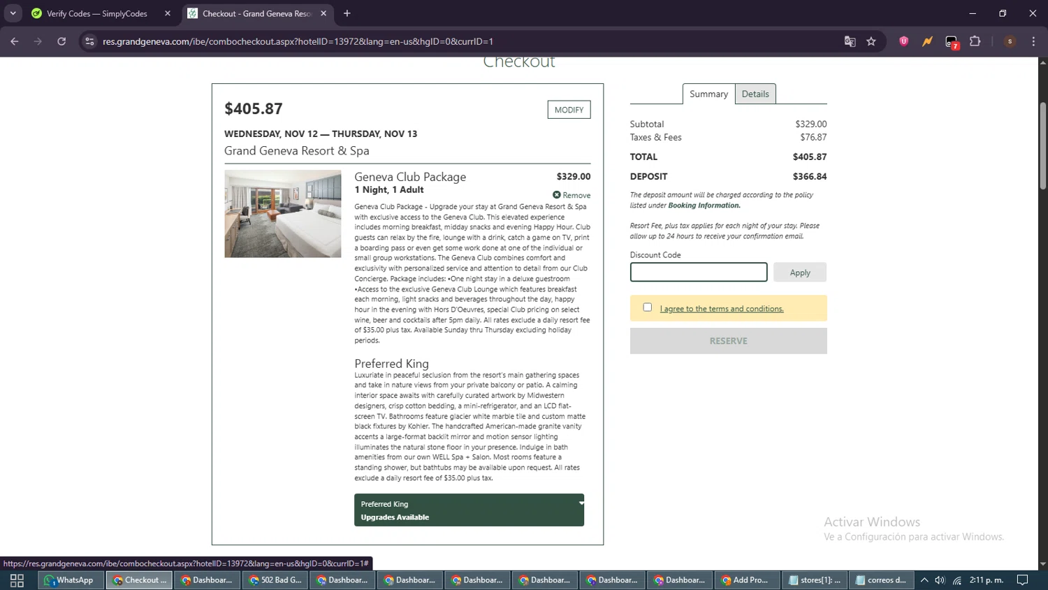 Grand Geneva Resort & Spa promo code screenshot showing code 366 applied at Grand Geneva Resort & Spa checkout page. Uploaded by SimplyCodes community member GoldSentinel1426 on Nov 1, 2025