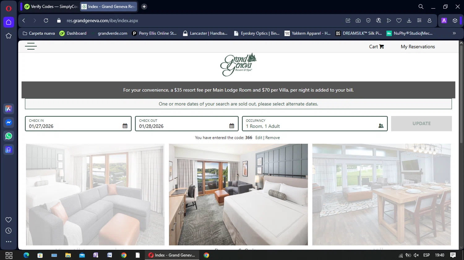 Grand Geneva Resort & Spa promo code screenshot showing code 366 applied at Grand Geneva Resort & Spa checkout page. Uploaded by SimplyCodes community member yisusgamer on Jan 27, 2026