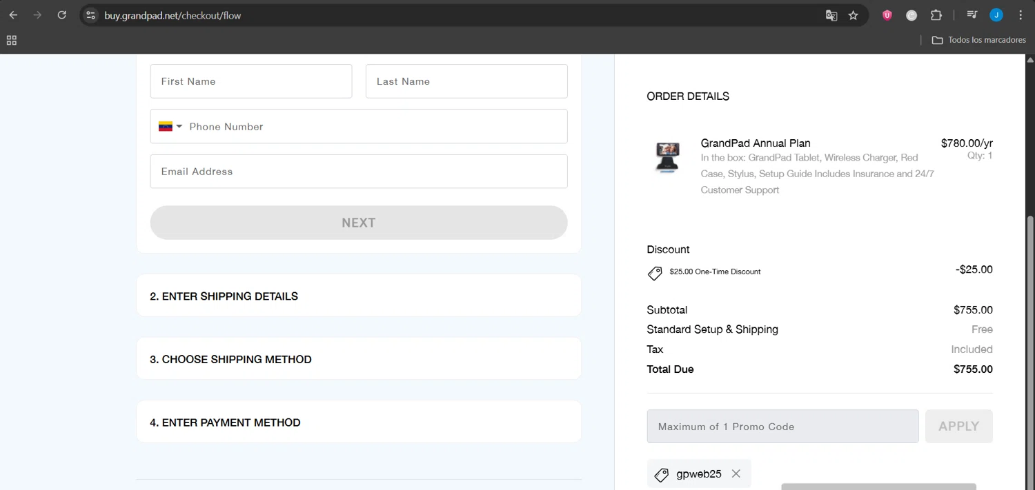 GrandPad promo code screenshot showing code GPWEB25 applied at GrandPad checkout page. Uploaded by SimplyCodes community member Jeanjc on Jul 5, 2025