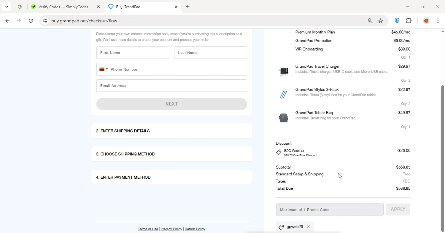 GrandPad promo code screenshot showing code GPWEB25 applied at GrandPad checkout page. Uploaded by SimplyCodes community member VoucherGuardian4807 on Sep 30, 2025