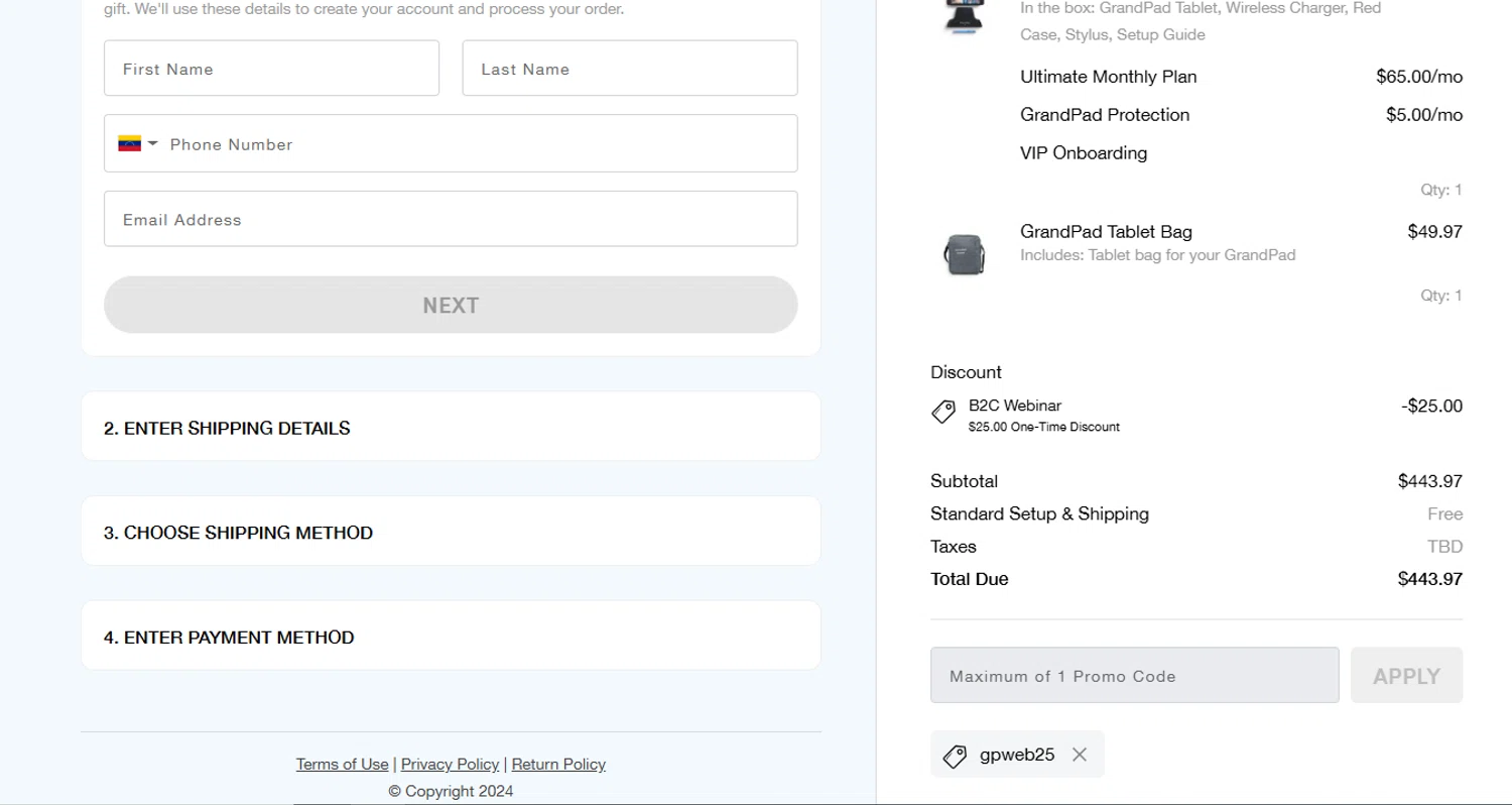 GrandPad promo code screenshot showing code GPWEB25 applied at GrandPad checkout page. Uploaded by SimplyCodes community member yeresojperez on Sep 30, 2025