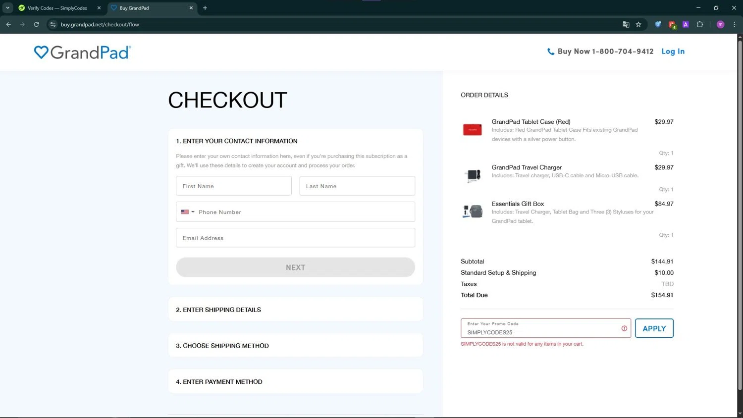 GrandPad promo code screenshot showing code SIMPLYCODES25 applied at GrandPad checkout page. Uploaded by SimplyCodes community member TokenChaser4876 on Oct 27, 2025