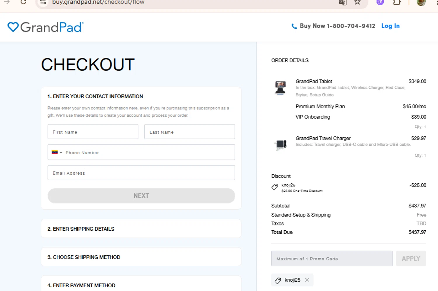 GrandPad promo code screenshot showing code KNOJI25 applied at GrandPad checkout page. Uploaded by SimplyCodes community member BudgetLion5814 on Sep 21, 2025