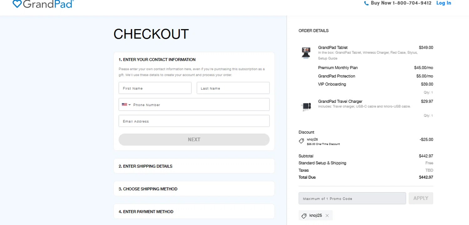 GrandPad promo code screenshot showing code KNOJI25 applied at GrandPad checkout page. Uploaded by SimplyCodes community member PennyScout6137 on Oct 20, 2025