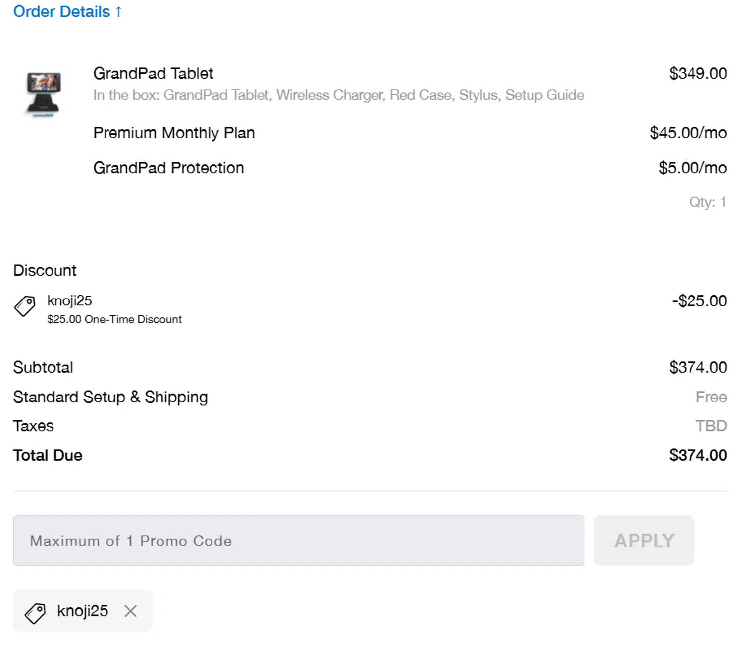 GrandPad promo code screenshot showing code KNOJI25 applied at GrandPad checkout page. Uploaded by SimplyCodes community member steve_jeff on Sep 21, 2025