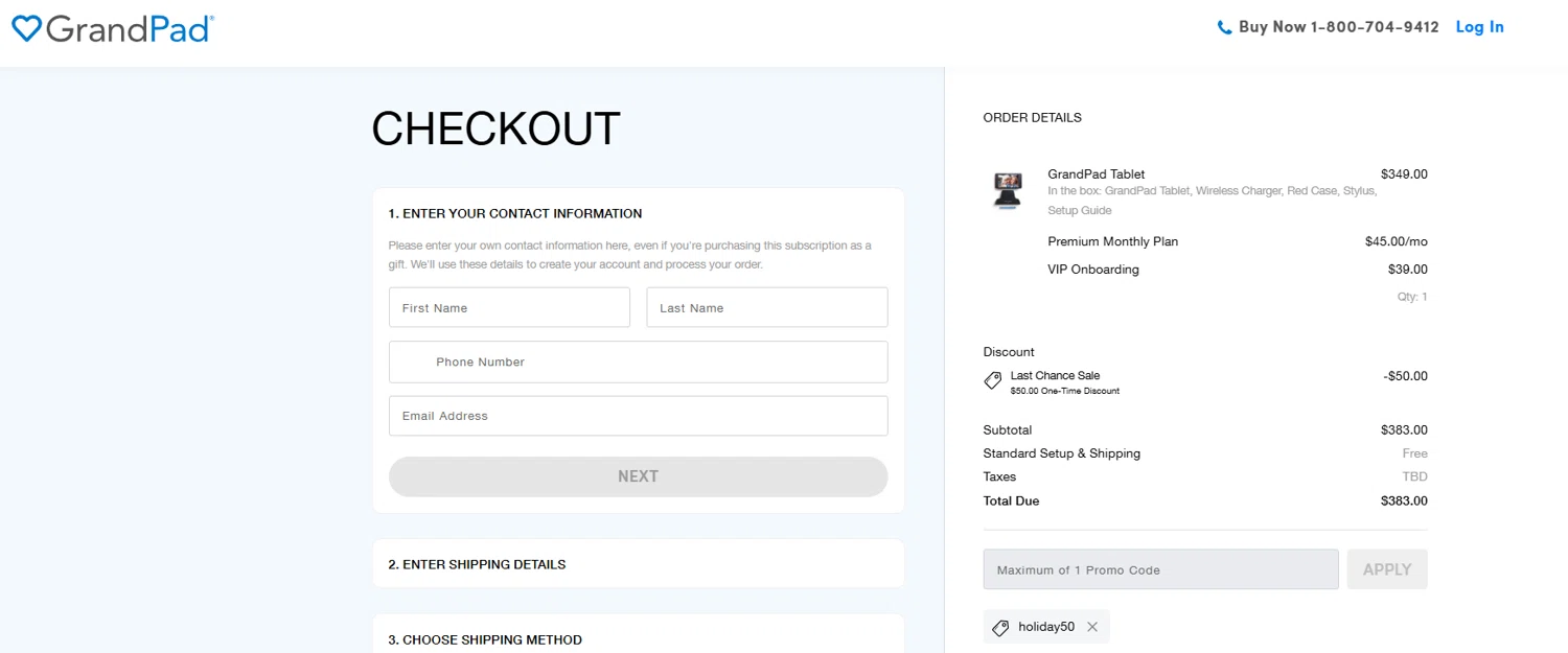 GrandPad promo code screenshot showing code HOLIDAY50 applied at GrandPad checkout page. Uploaded by SimplyCodes community member jesspea on Dec 23, 2025