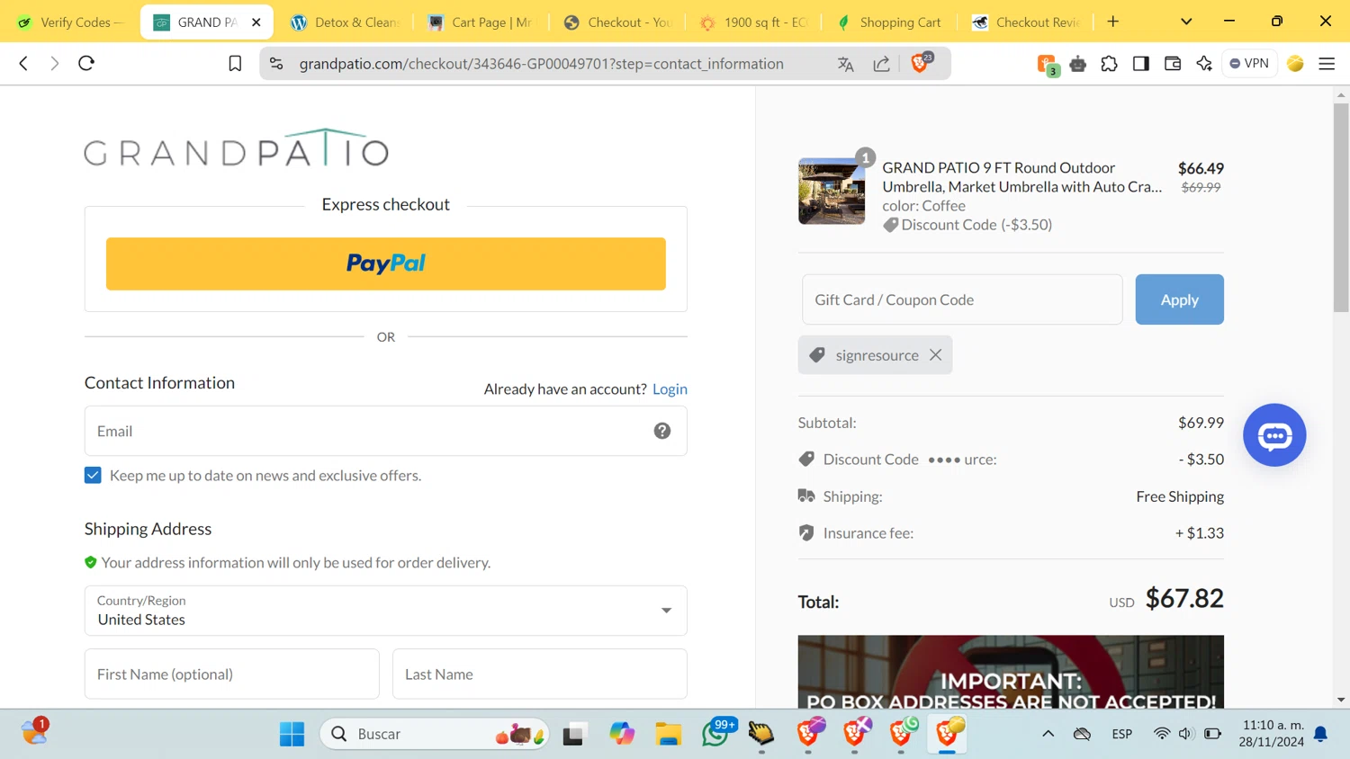 where to use Grand Patio promo code box