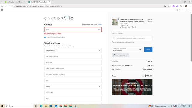 Grand Patio checkout page showing Grand Patio coupon code box | Screenshot taken by SimplyCodes community member on Sep 4, 2025