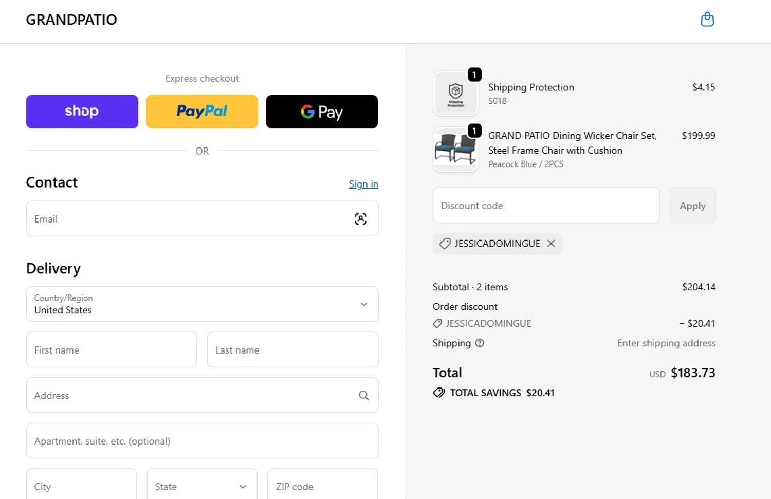 Grand Patio promo code screenshot showing code JESSICADOMINGUE applied at Grand Patio checkout page. Uploaded by SimplyCodes community member mandrakke on Jun 9, 2026
