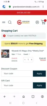 Grand Western Steaks coupon verification screenshot