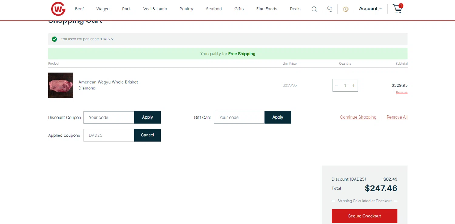 Grand Western Steaks promo code screenshot showing code DAD25 applied at Grand Western Steaks checkout page. Uploaded by SimplyCodes community member HUNTER1406 on Jun 3, 2026